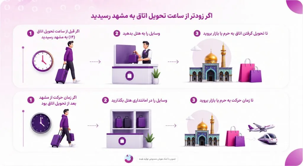راه حل زودتر رسیدن مسافر به مشهد نسبت به ساعت تحویل اتاق هتل